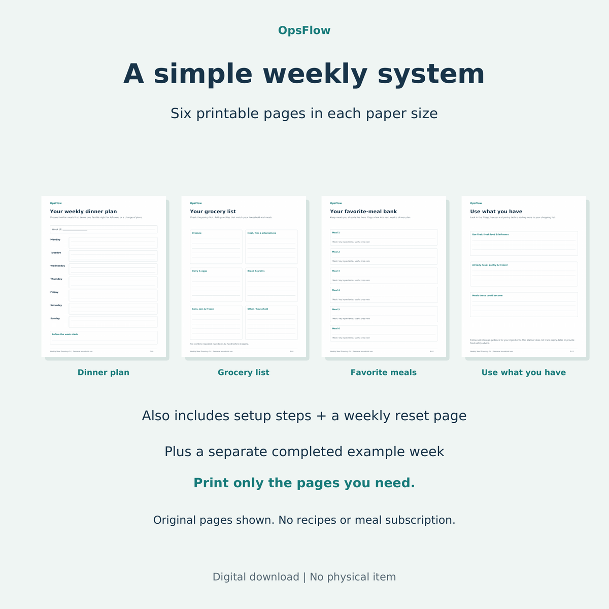 Weekly Meal Planner and Grocery List Kit, Printable PDF (US Letter + A4) — actual included pages, preview 2