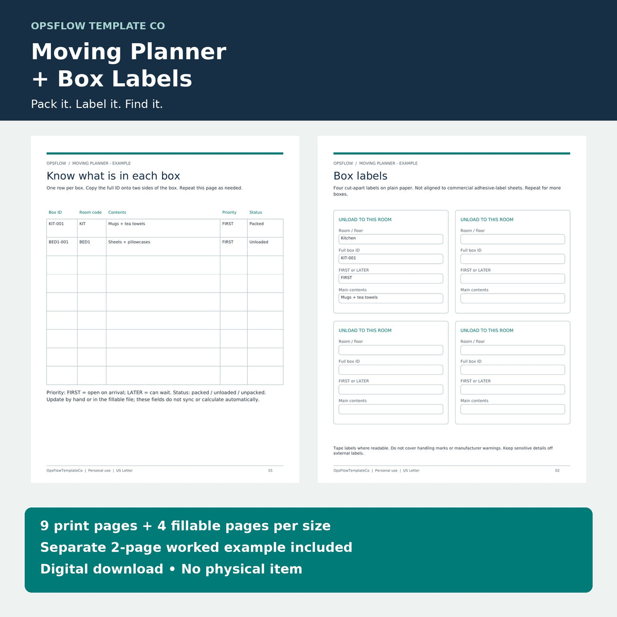 Moving Planner & Box Labels Kit, Fillable Inventory and Room Signs, Printable PDF — actual included pages, preview 1
