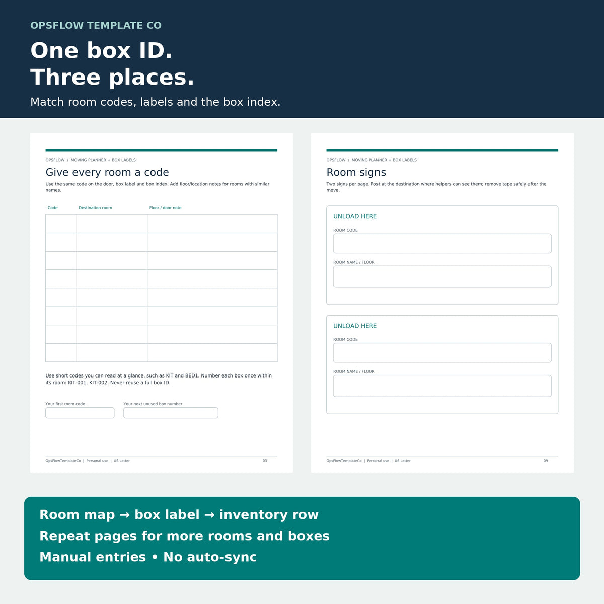 Moving Planner & Box Labels Kit, Fillable Inventory and Room Signs, Printable PDF — actual included pages, preview 2