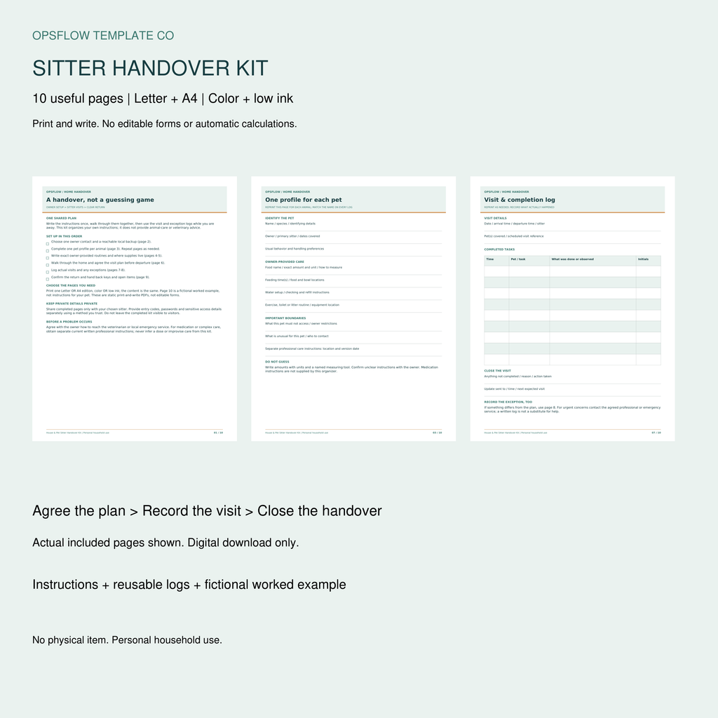 Actual printable House and Pet Sitter Handover Kit pages; print-and-write PDF