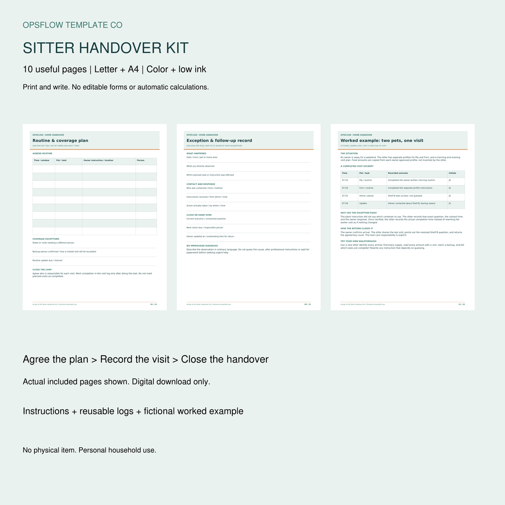 Actual printable House and Pet Sitter Handover Kit pages; print-and-write PDF