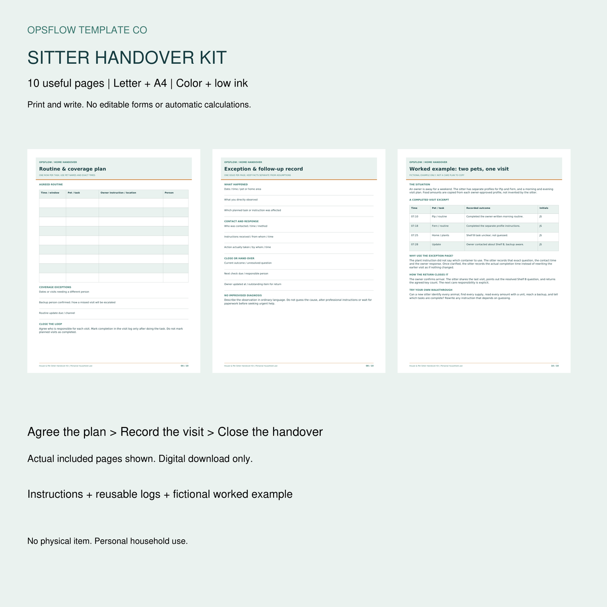 Actual printable House and Pet Sitter Handover Kit pages; print-and-write PDF