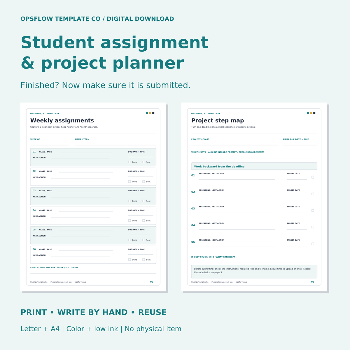 Student assignment and project planner showing weekly assignments and project step map, printable Letter and A4