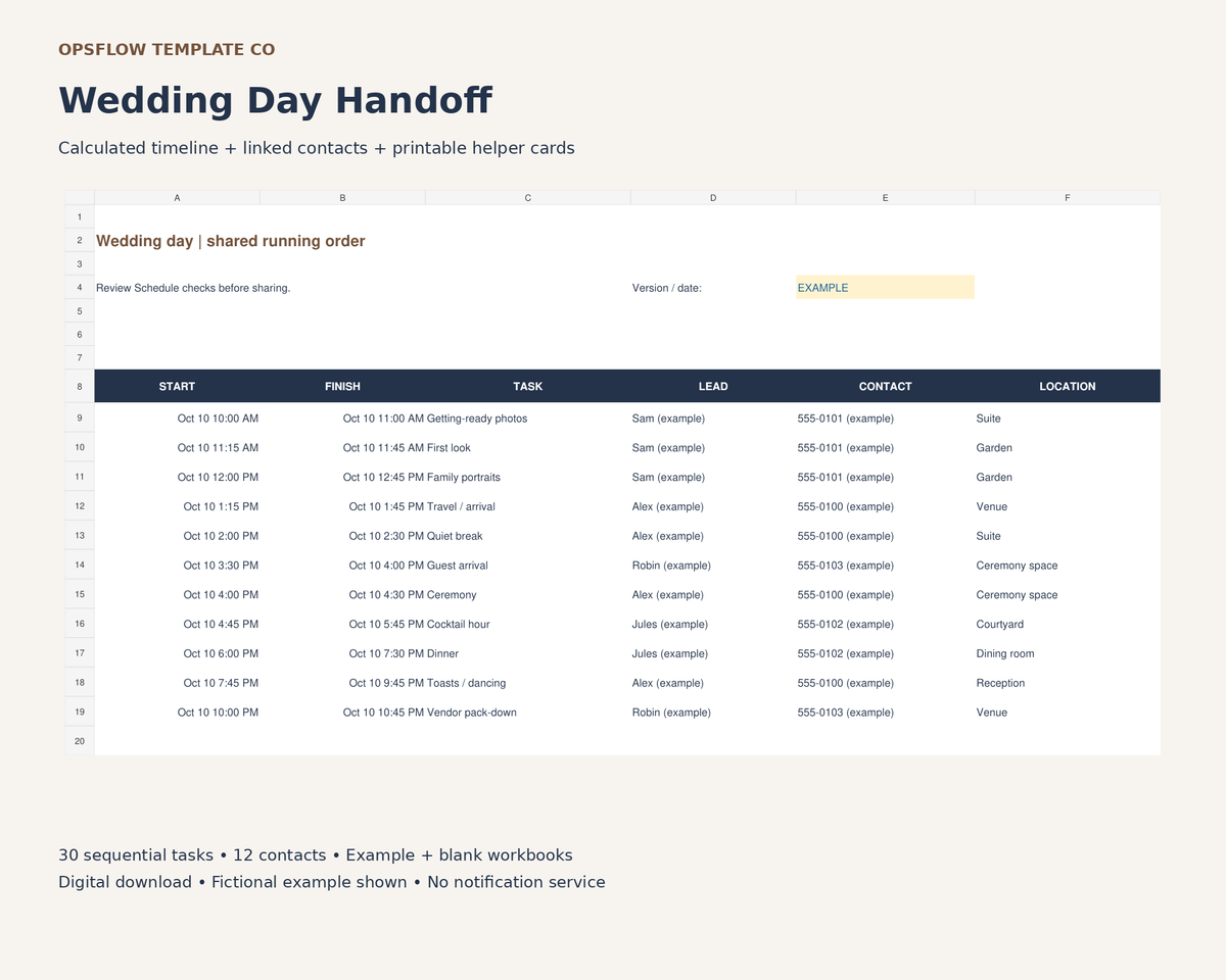 Actual wedding workbook preview — fictional example