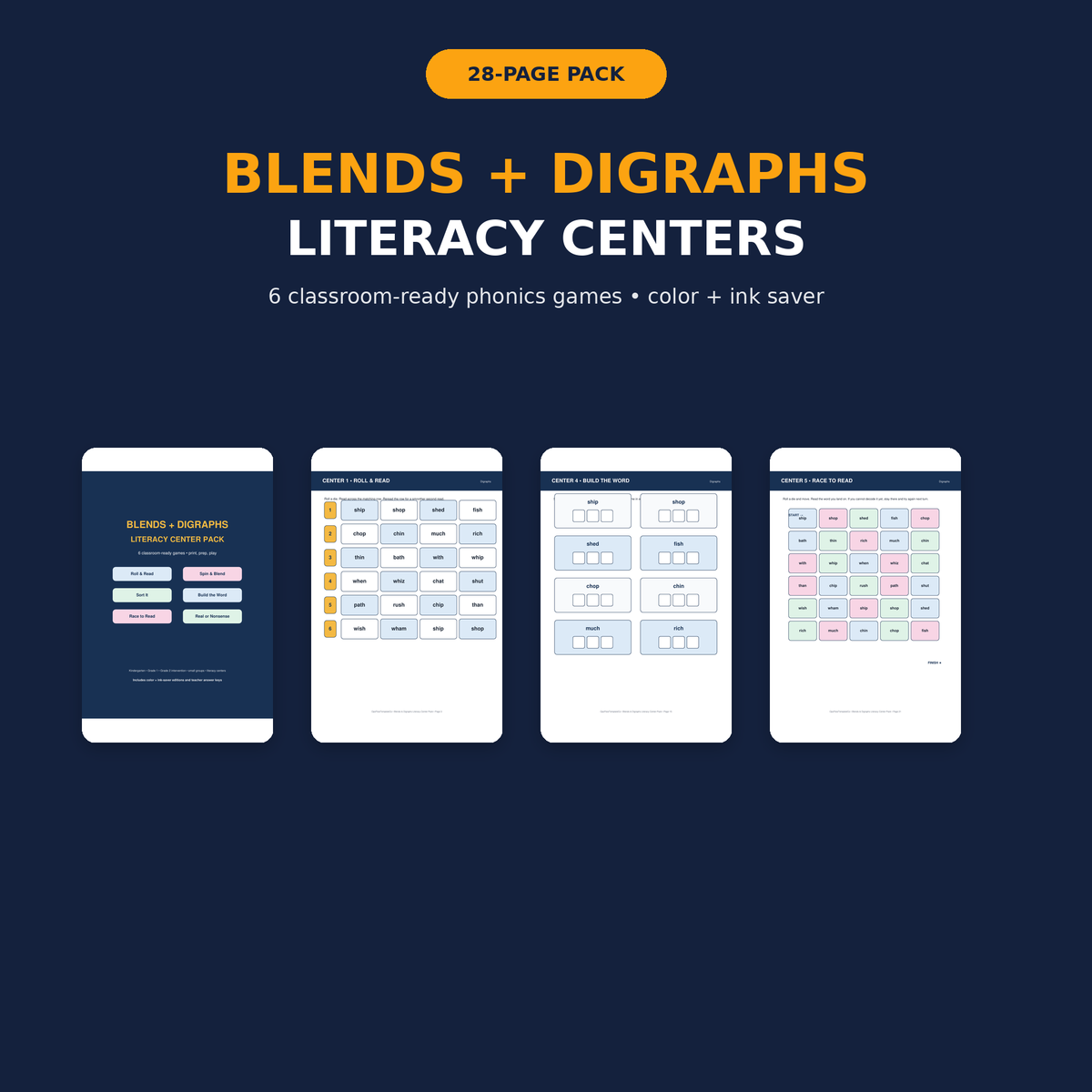 Blends and Digraphs Literacy Centers 28 page phonics games printable pack