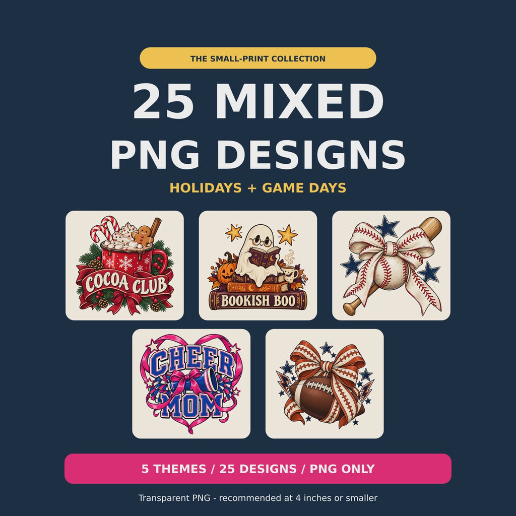 25 Mixed PNG Designs, Christmas Halloween Baseball Cheer Football, Small Craft Graphics, Digital Download