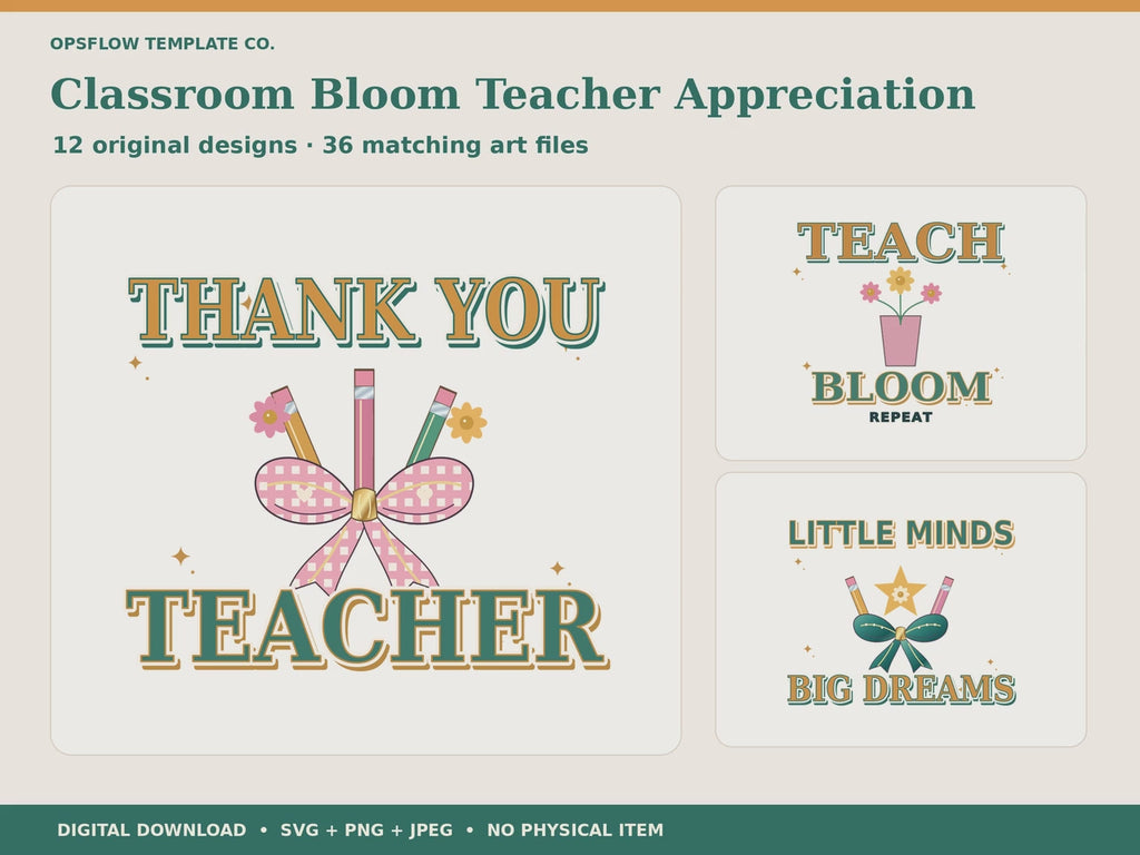 Teacher Appreciation SVG PNG JPEG Bundle: 12 Floral Classroom Designs
