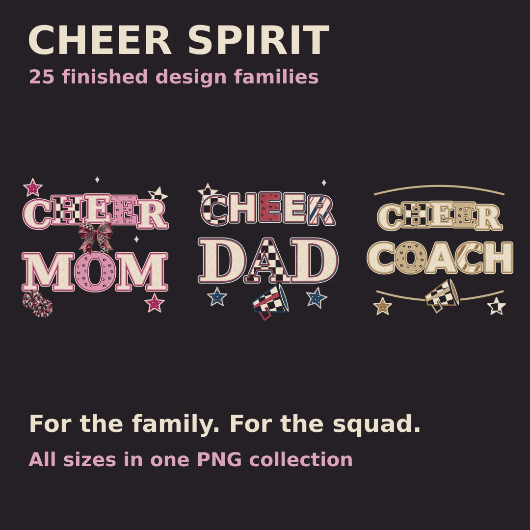 Cheer PNG Bundle: 225 Transparent PNGs, 25 Designs in 9 Sizes & Layouts