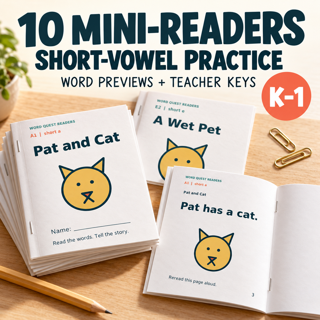 Staged AI-assisted mockup of the included short-vowel printable mini-readers.