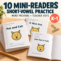 Staged AI-assisted mockup of the included short-vowel printable mini-readers.