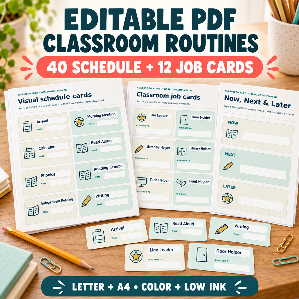 Staged AI-assisted mockup of the included editable classroom schedule and job cards.