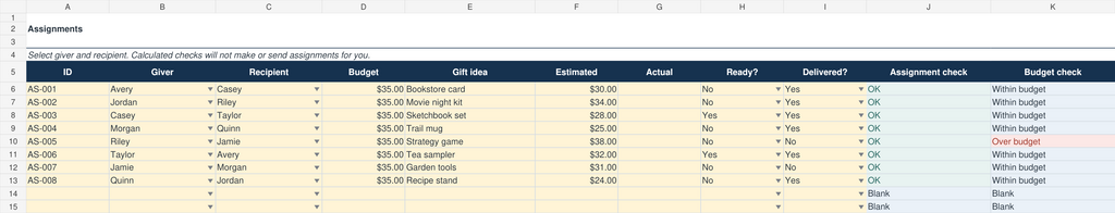Secret Santa assignment and conflict check spreadsheet