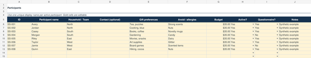 Secret Santa participant preference and questionnaire tracker