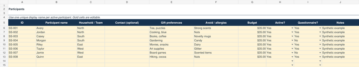 Secret Santa participant preference and questionnaire tracker