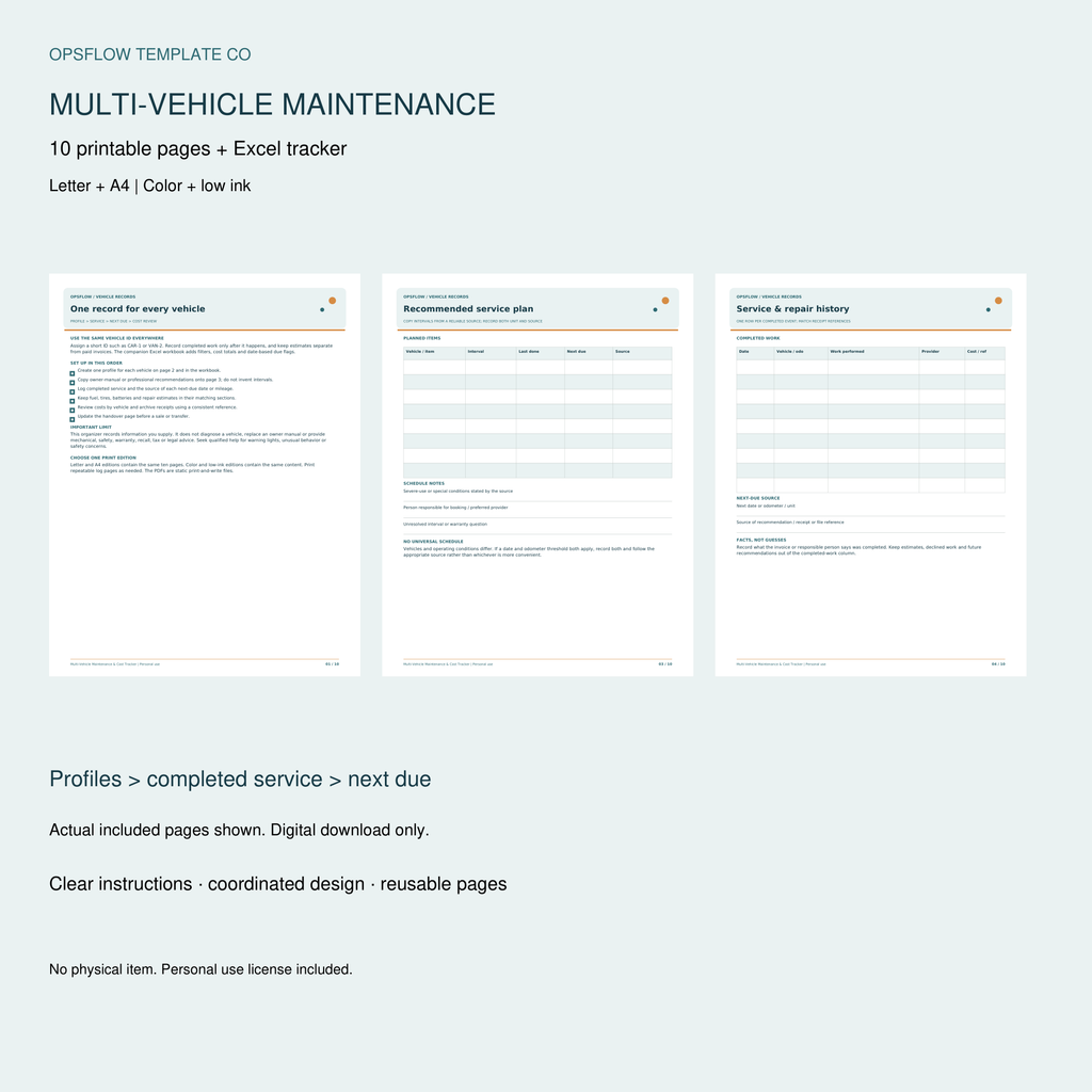 Multi-vehicle maintenance tracker with actual printable pages