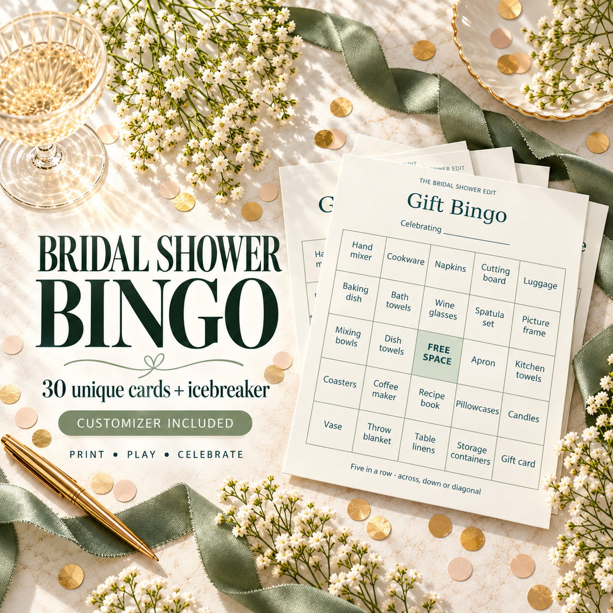 Bridal shower gift bingo with 30 unique cards and icebreaker; styled paper mockup
