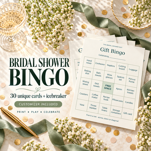 Bridal shower gift bingo with 30 unique cards and icebreaker; styled paper mockup