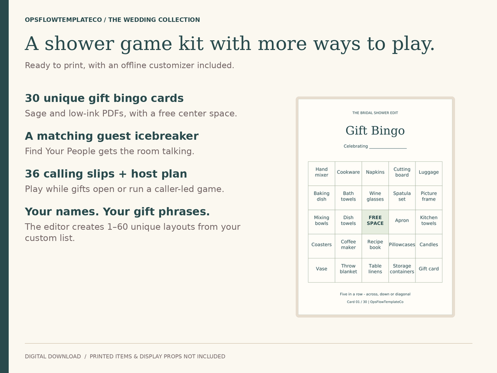 Bridal bingo kit contents, calling slips, host plan and customizer