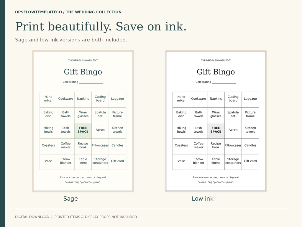 Sage and low-ink bridal bingo cards side by side