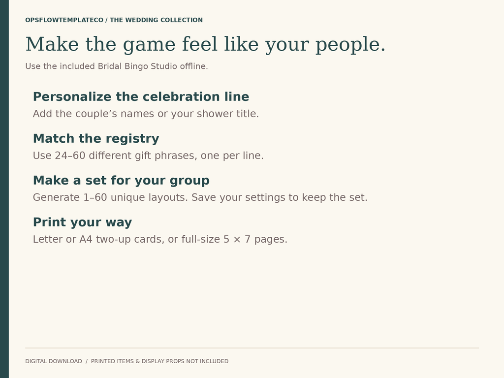 Offline bingo customizer features and printable formats