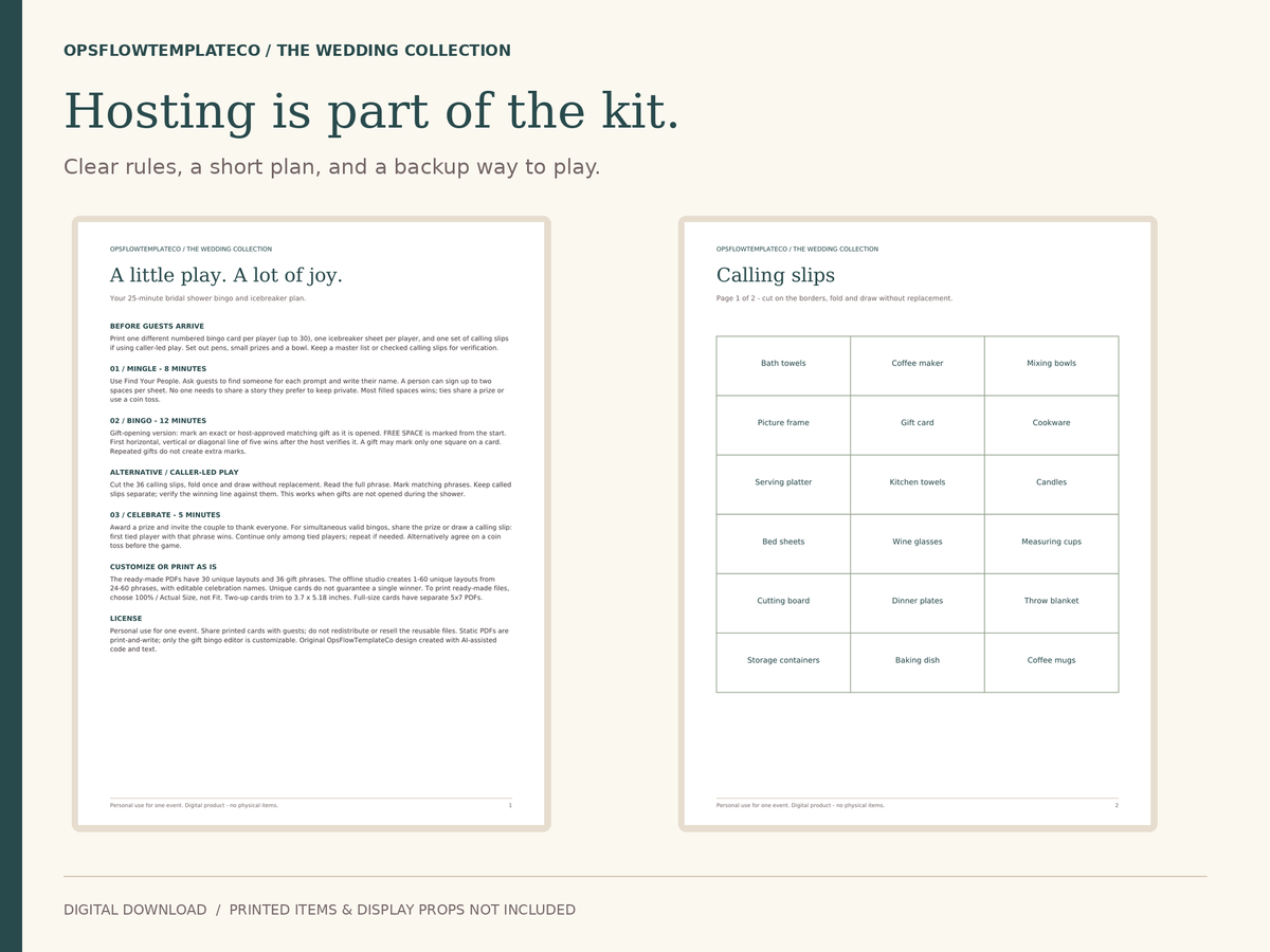 Actual host guide and calling-slip PDF pages