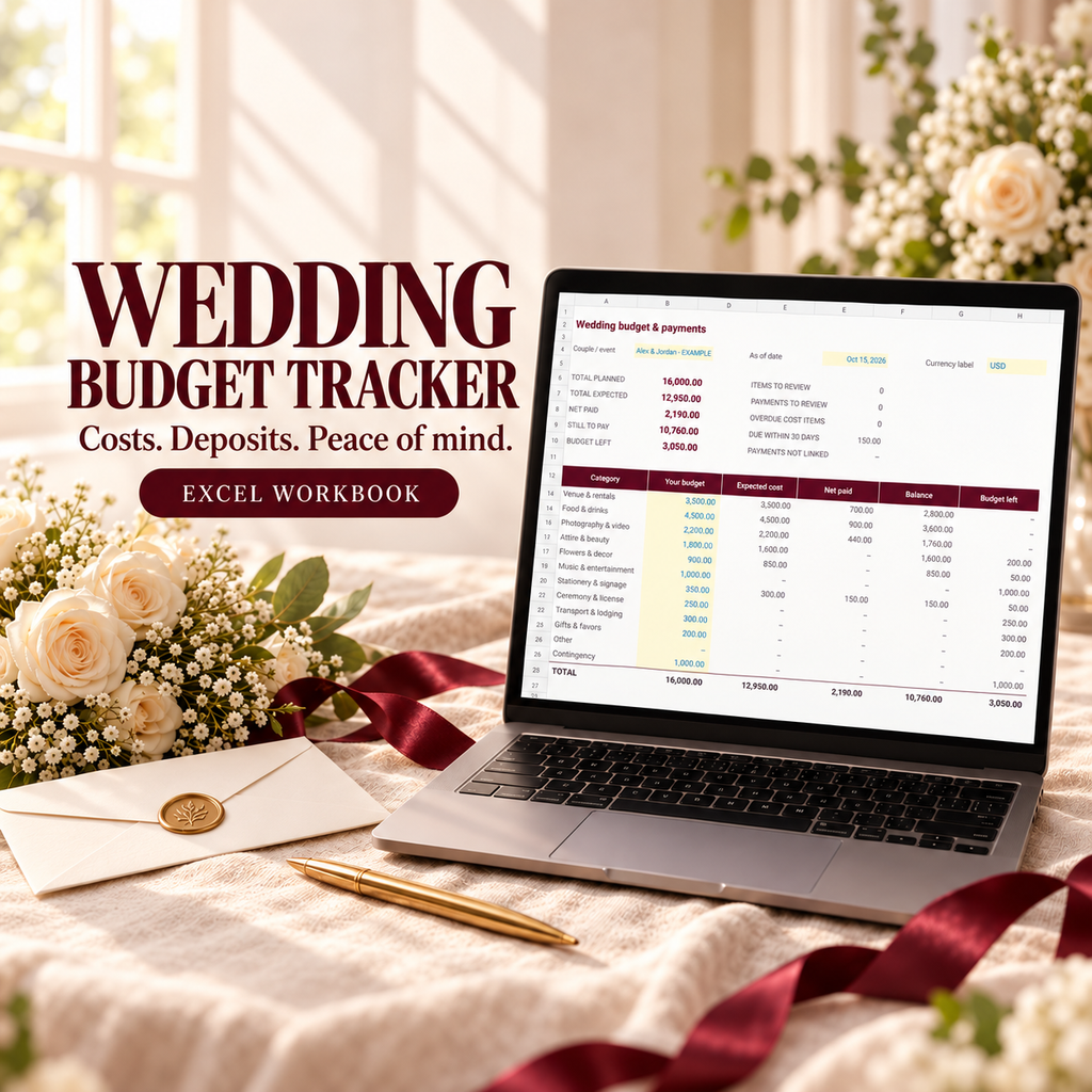 Wedding budget tracker displayed on a laptop; styled mockup with example values