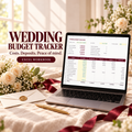 Wedding budget tracker displayed on a laptop; styled mockup with example values