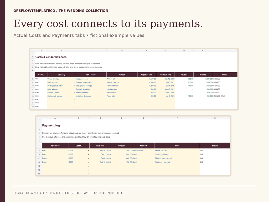 Actual Costs and Payments worksheet previews