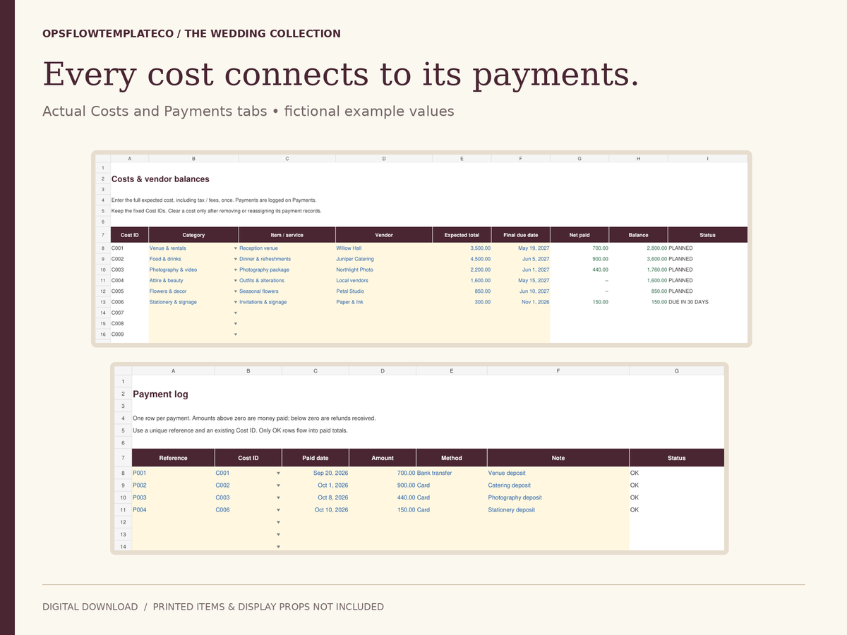 Actual Costs and Payments worksheet previews