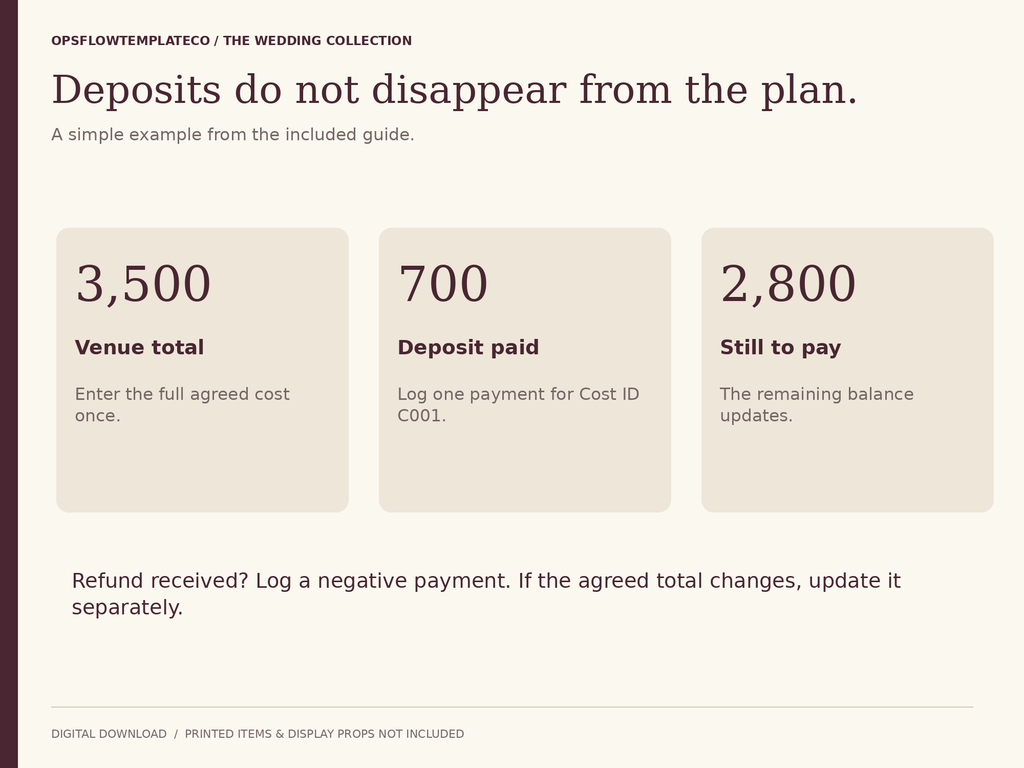 Worked example: 3500 venue cost minus 700 deposit equals 2800 remaining