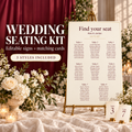 Wedding seating chart kit in burgundy and ivory with matching table cards; styled display mockup
