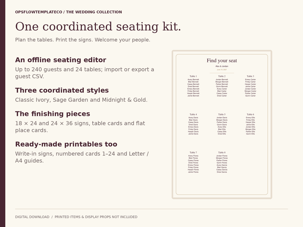 Wedding seating kit contents: offline editor, three styles, printable signs and cards