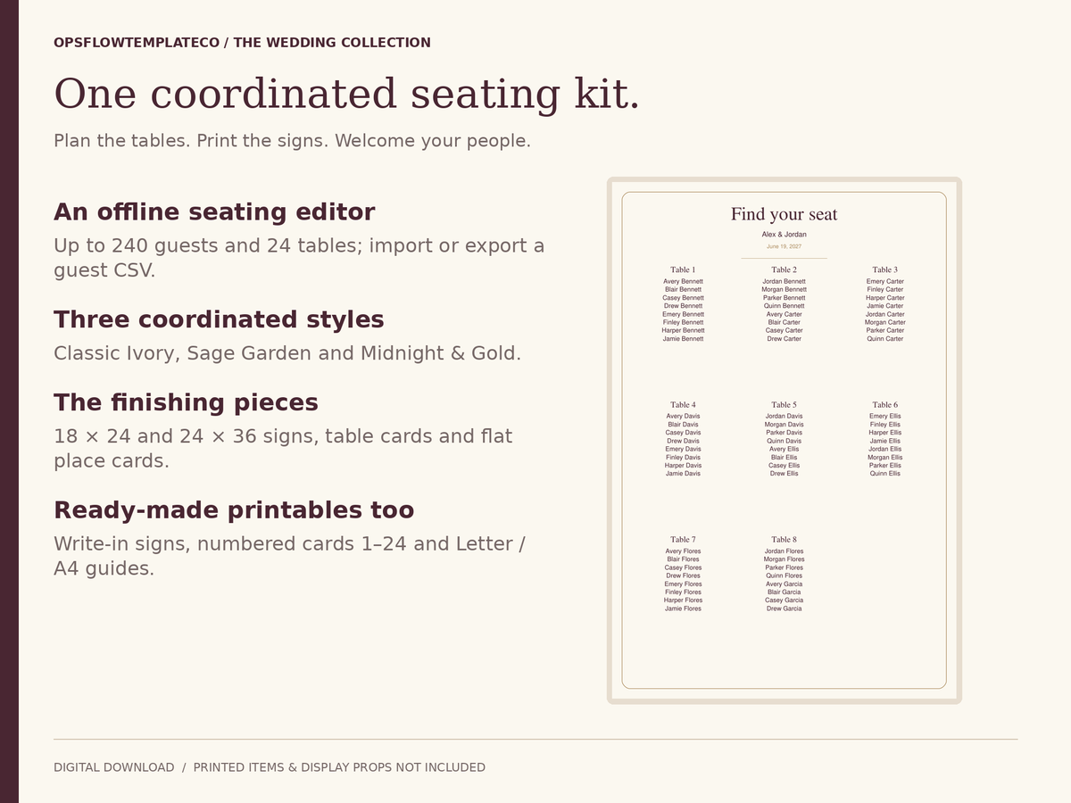Wedding seating kit contents: offline editor, three styles, printable signs and cards