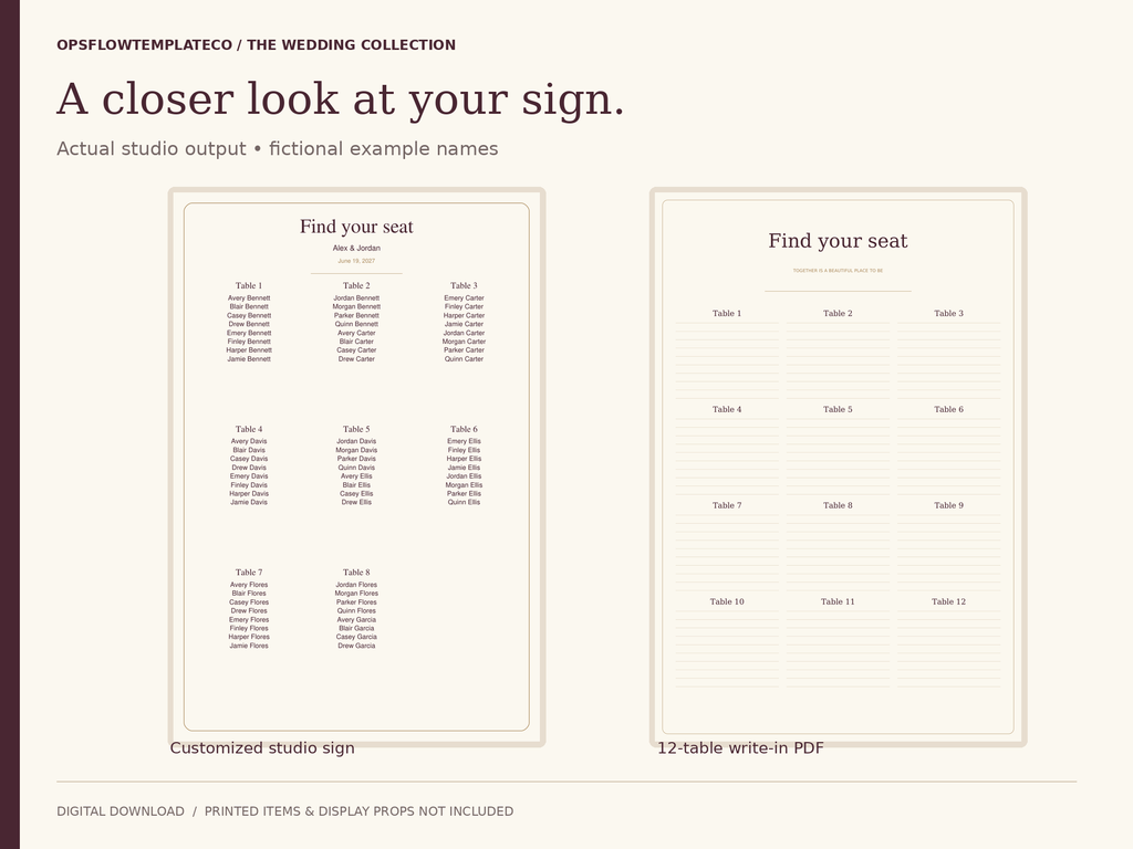 Actual customized seating sign and 12-table write-in PDF preview