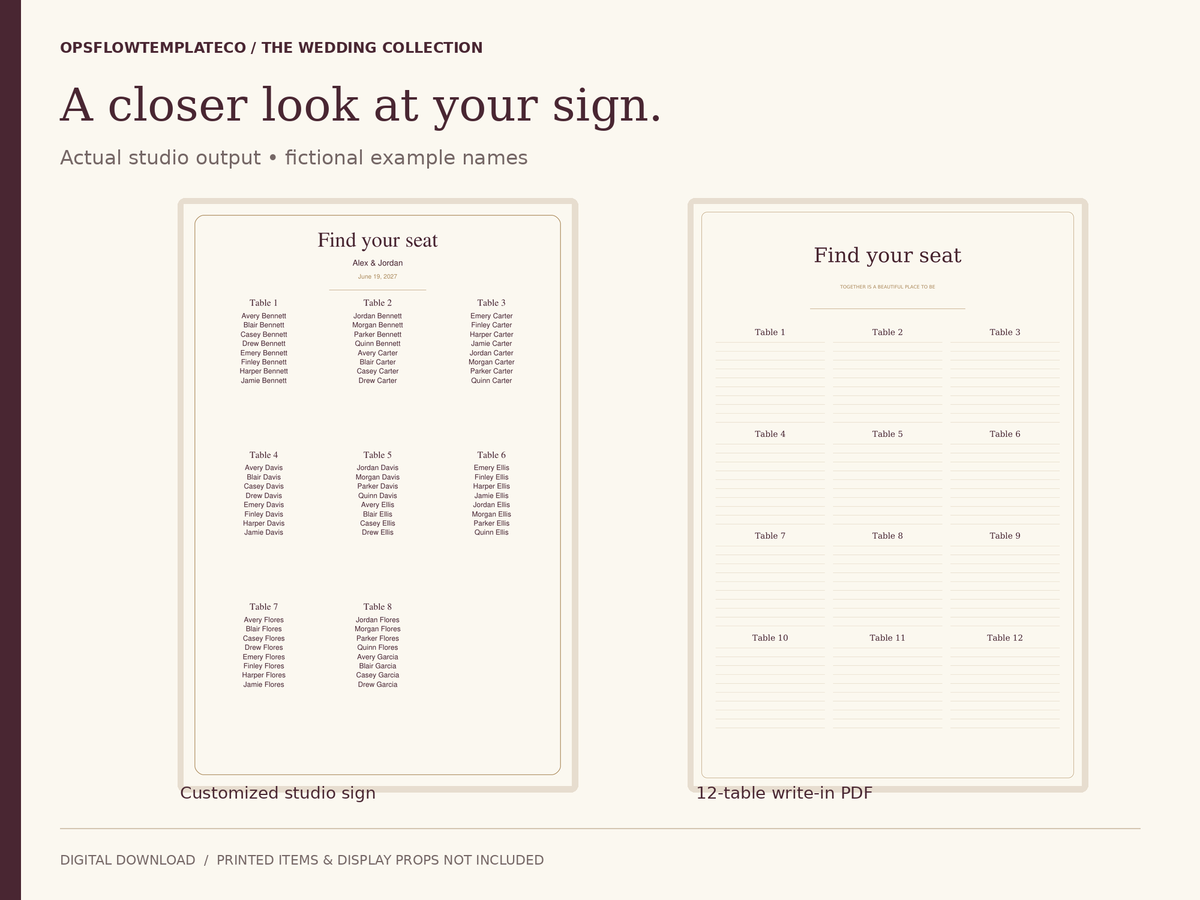 Actual customized seating sign and 12-table write-in PDF preview