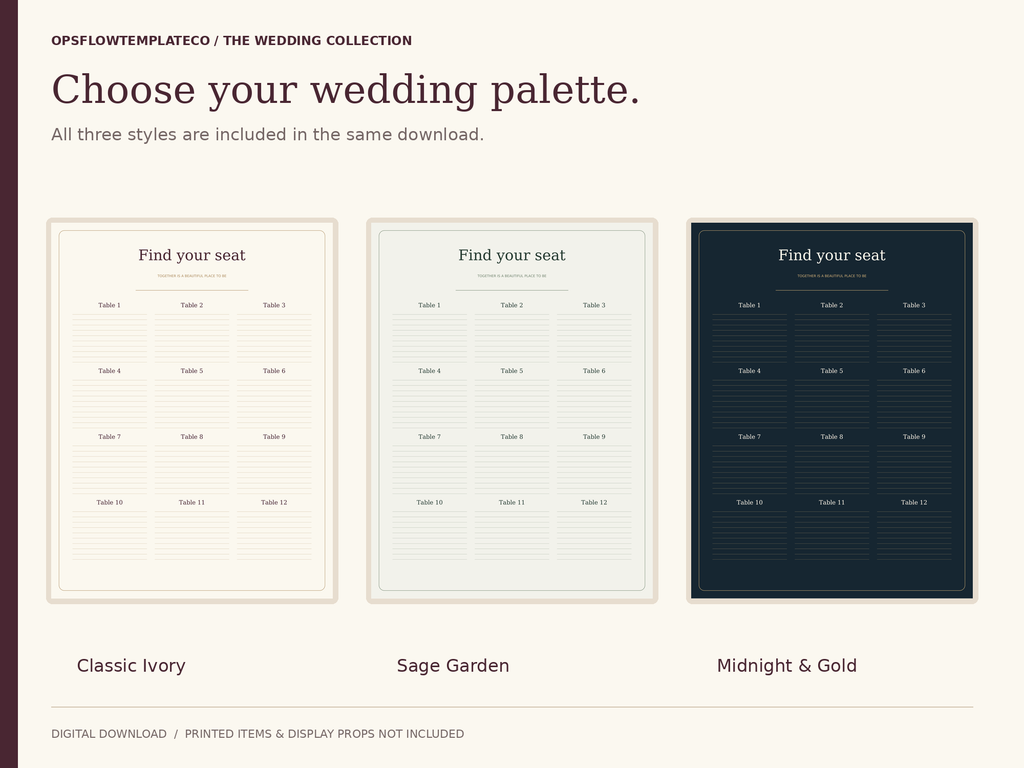 Ivory, Sage Garden and Midnight & Gold seating-sign styles