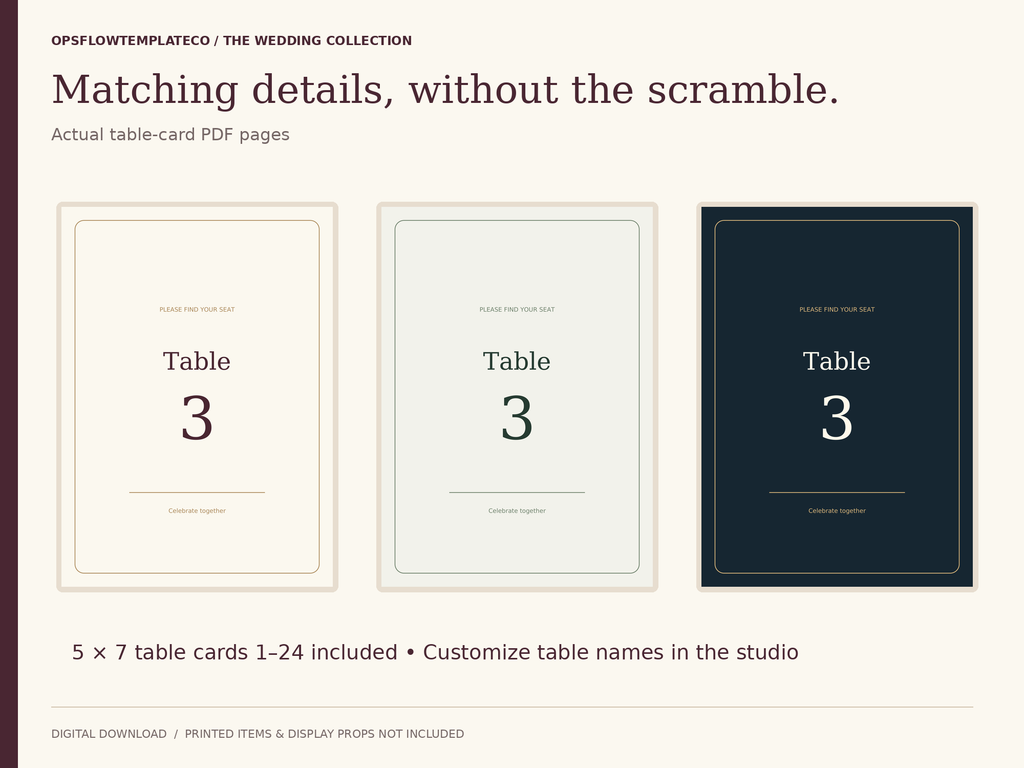 Actual matching 5 by 7 table-card PDF designs